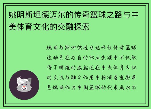 姚明斯坦德迈尔的传奇篮球之路与中美体育文化的交融探索